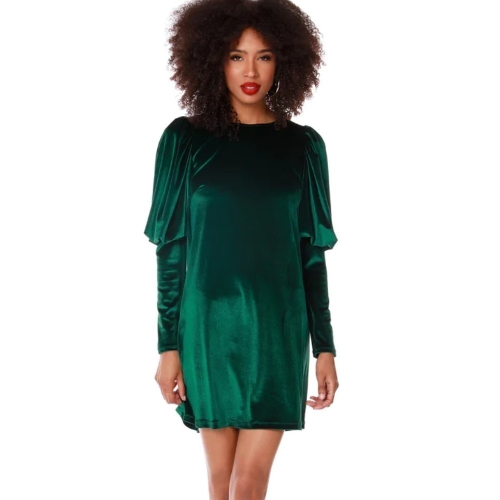 bobi BLACK | Lantern Sleeve Velour Mini Dress In Hunter Green